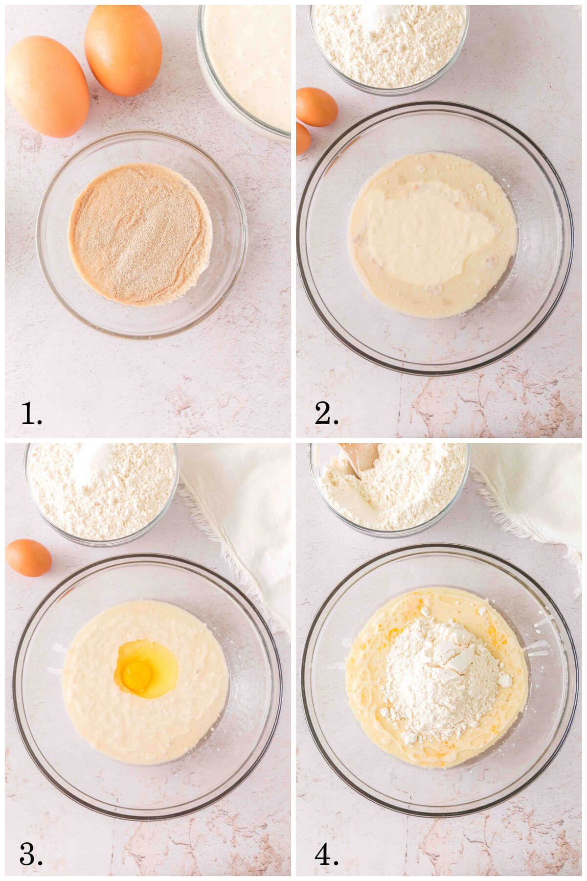 Collage of four photos showing steps 1-4 for making sourdough discard rolls.