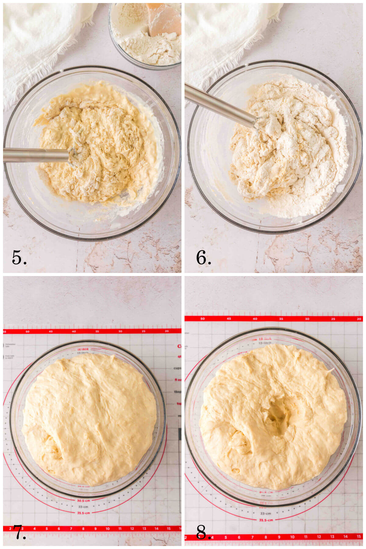 Collage of four photos showing steps 5-8 of how to make sourdough discard rolls.