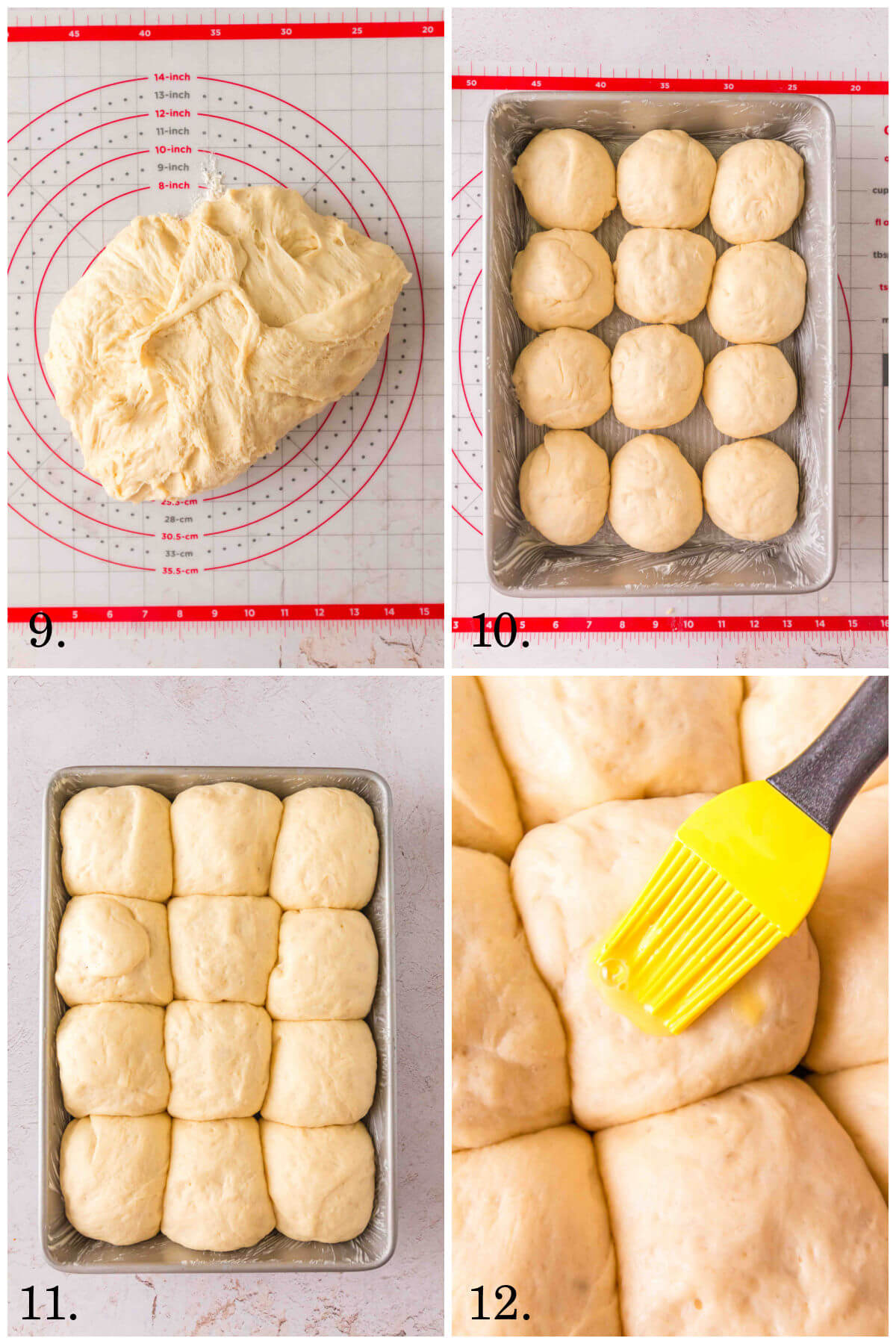 Collage of four photos showing steps 9-12 for how to make sourdough discard rolls.