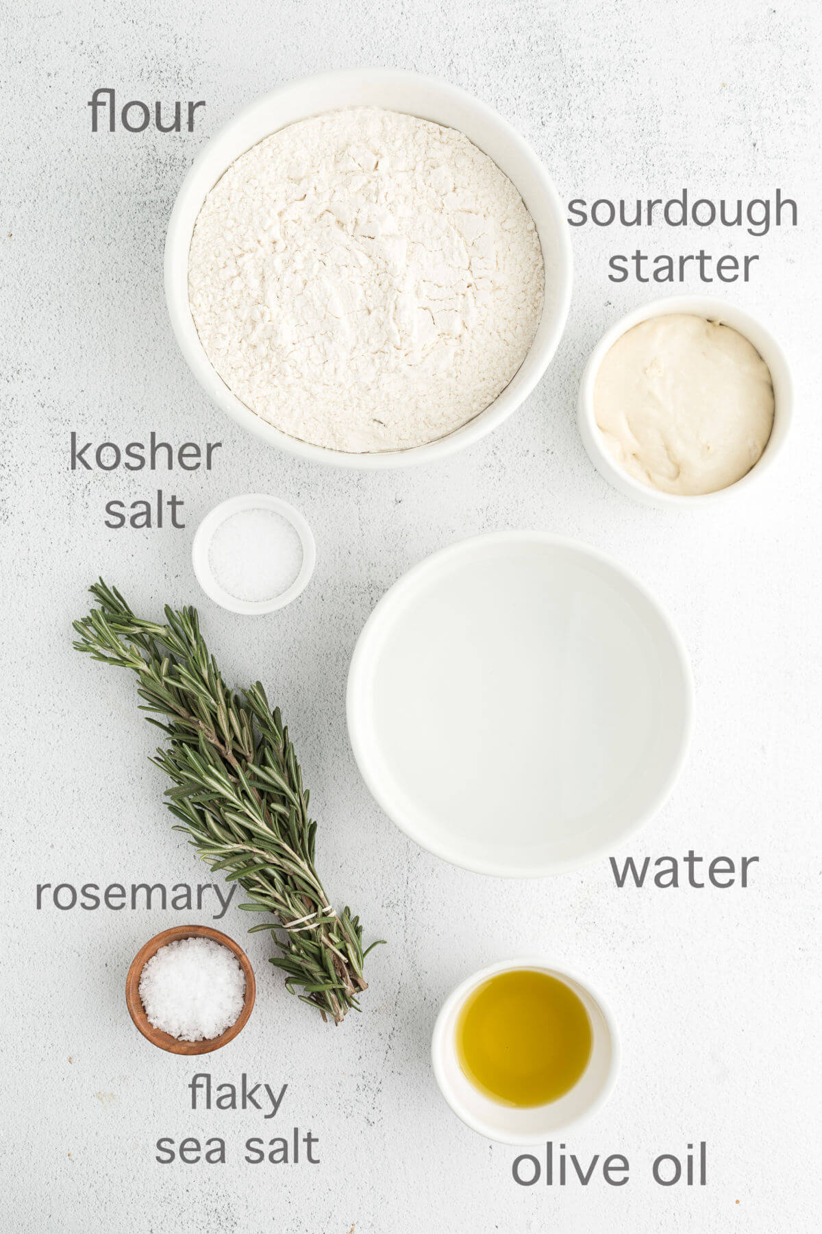 top down view of ingredients in small white bowls