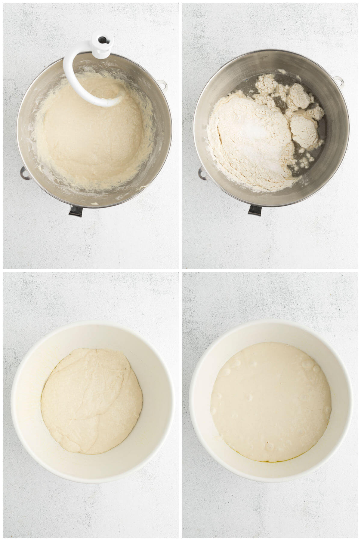 top down view of 4 photos showing recipe steps in mixing bowl