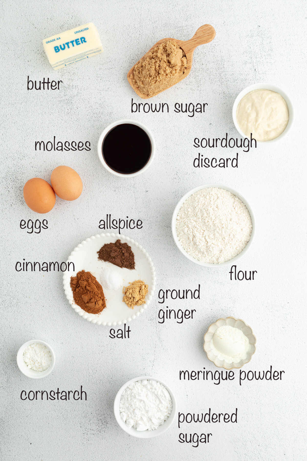 Sourdough gingerbread cookie ingredients.