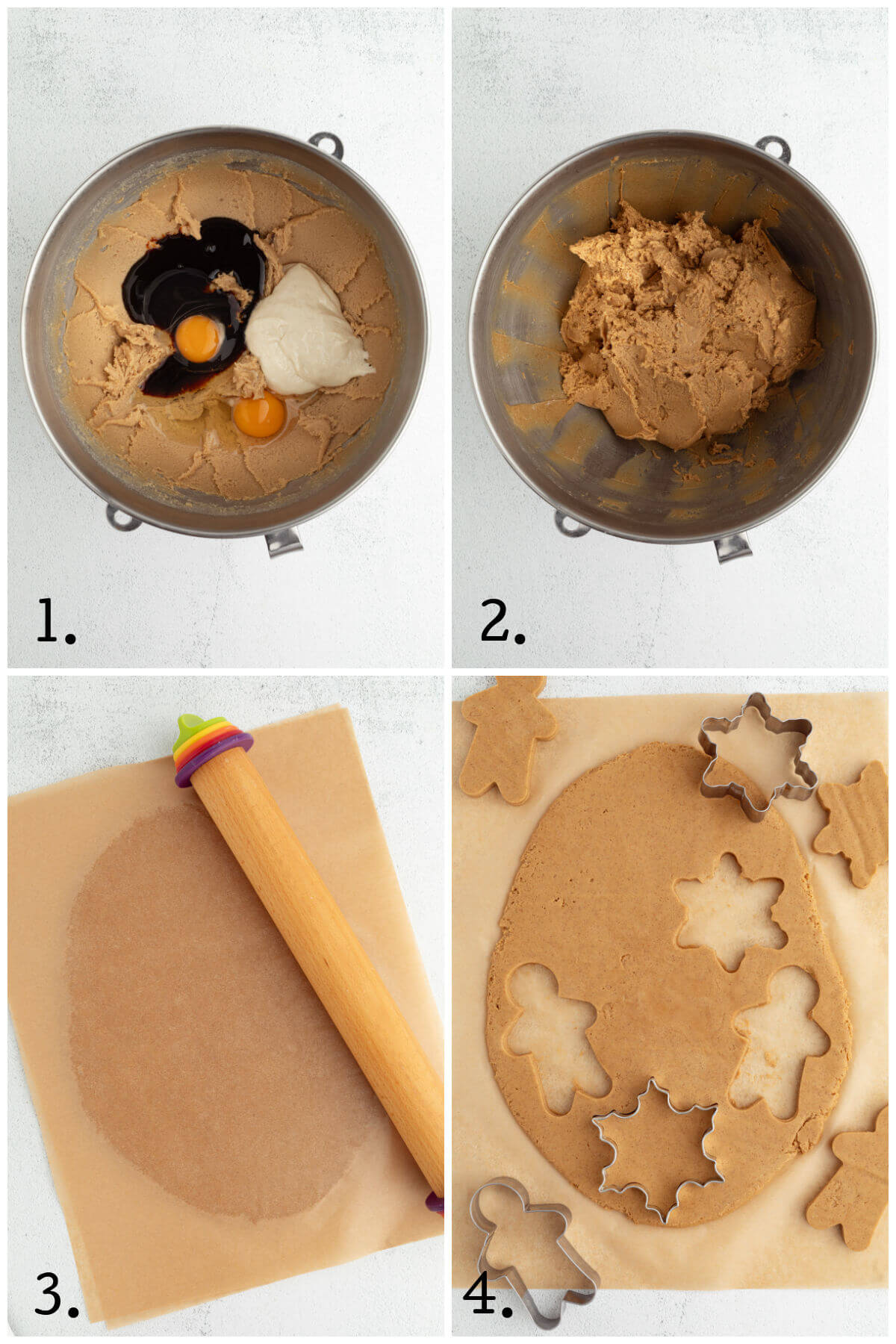 Collage of four photos showing steps 1-4 for how to make sourdough gingerbread cookies.
