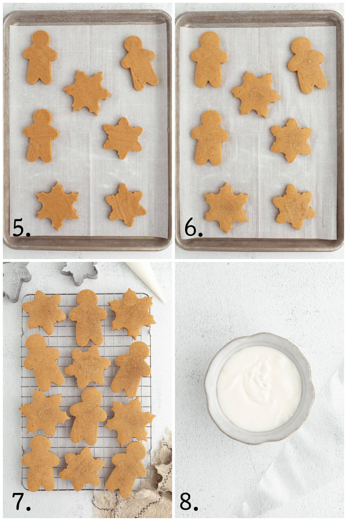 Collage of four photos showing steps 5-8 for how to make sourdough gingerbread cookies.