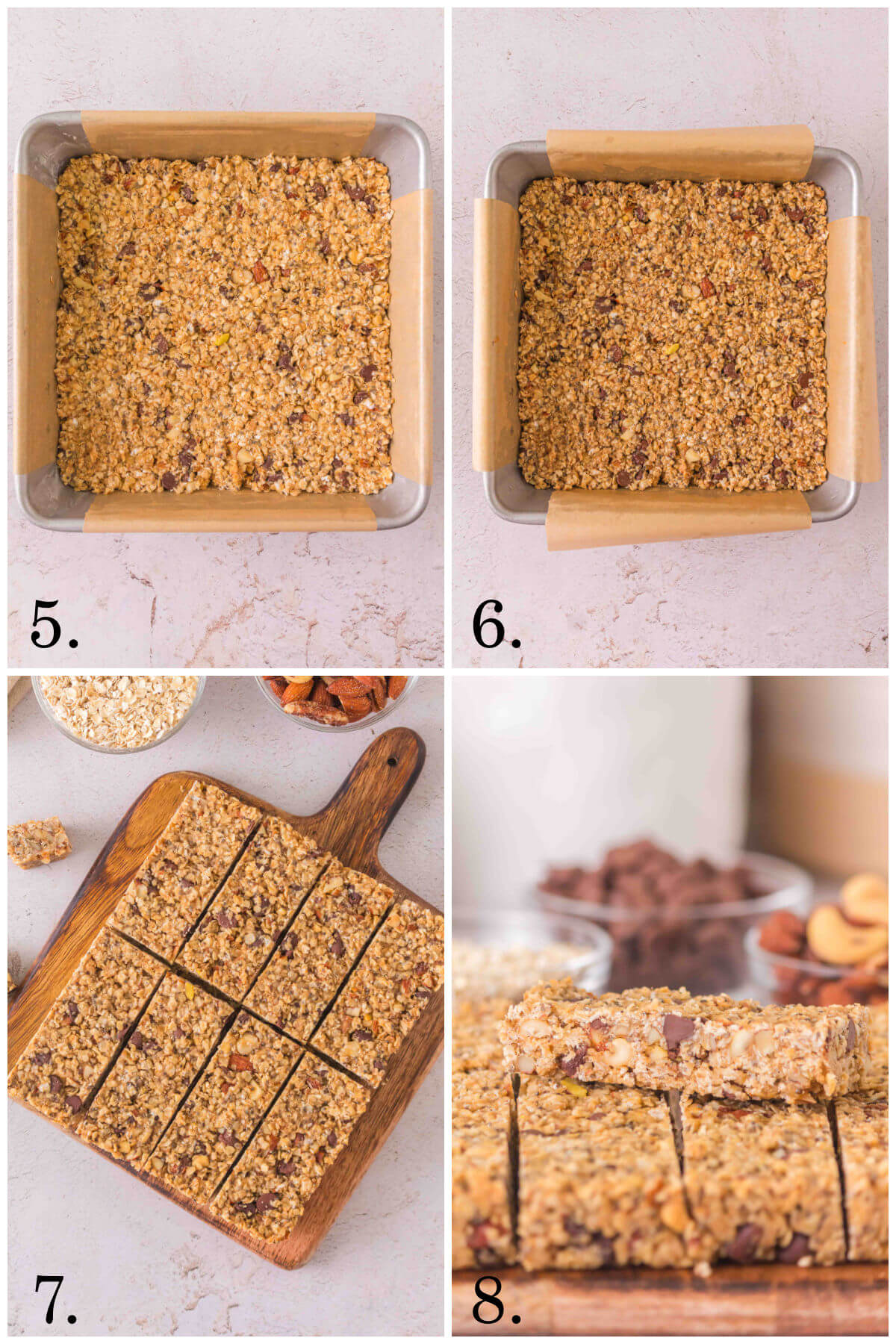 Collage of four photos showing steps 5-8 for how to make sourdough granola bars.