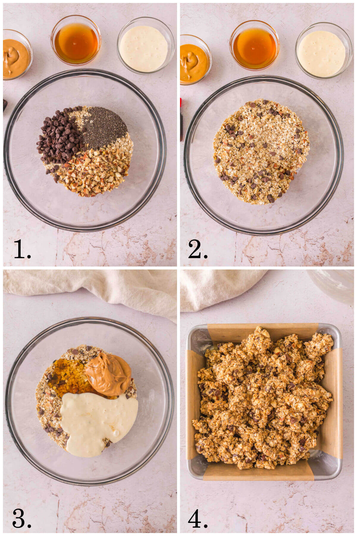 Collage of four photos showing steps for how to make sourdough granola bars.
