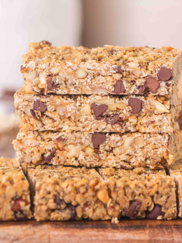 Pile of sourdough granola bars cut into rectangles.