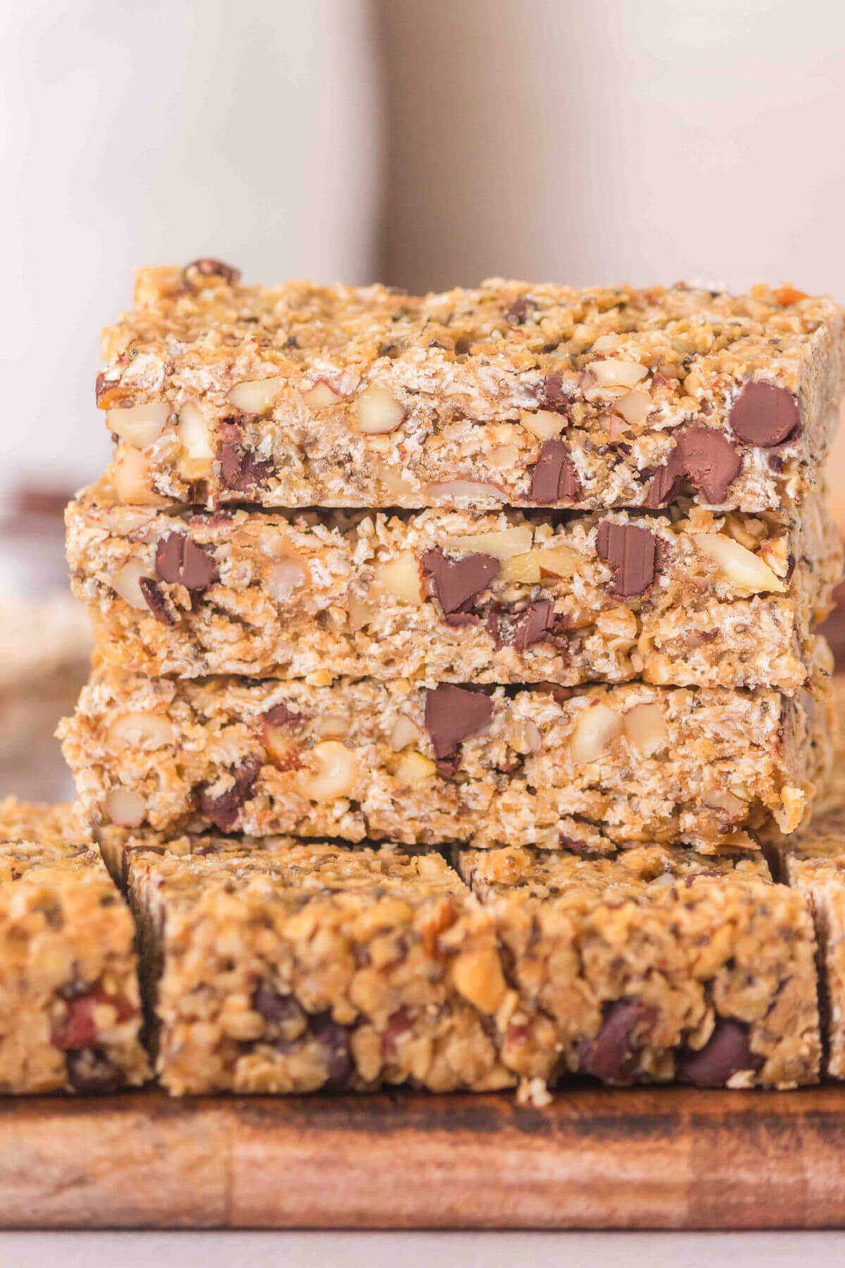 Pile of sourdough granola bars cut into rectangles.