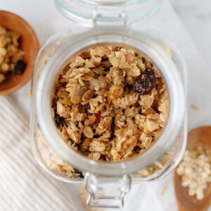Sourdough granola in a glass jar.