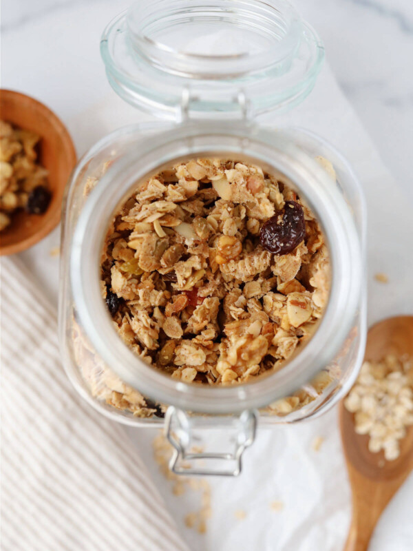 Sourdough granola in a glass jar.