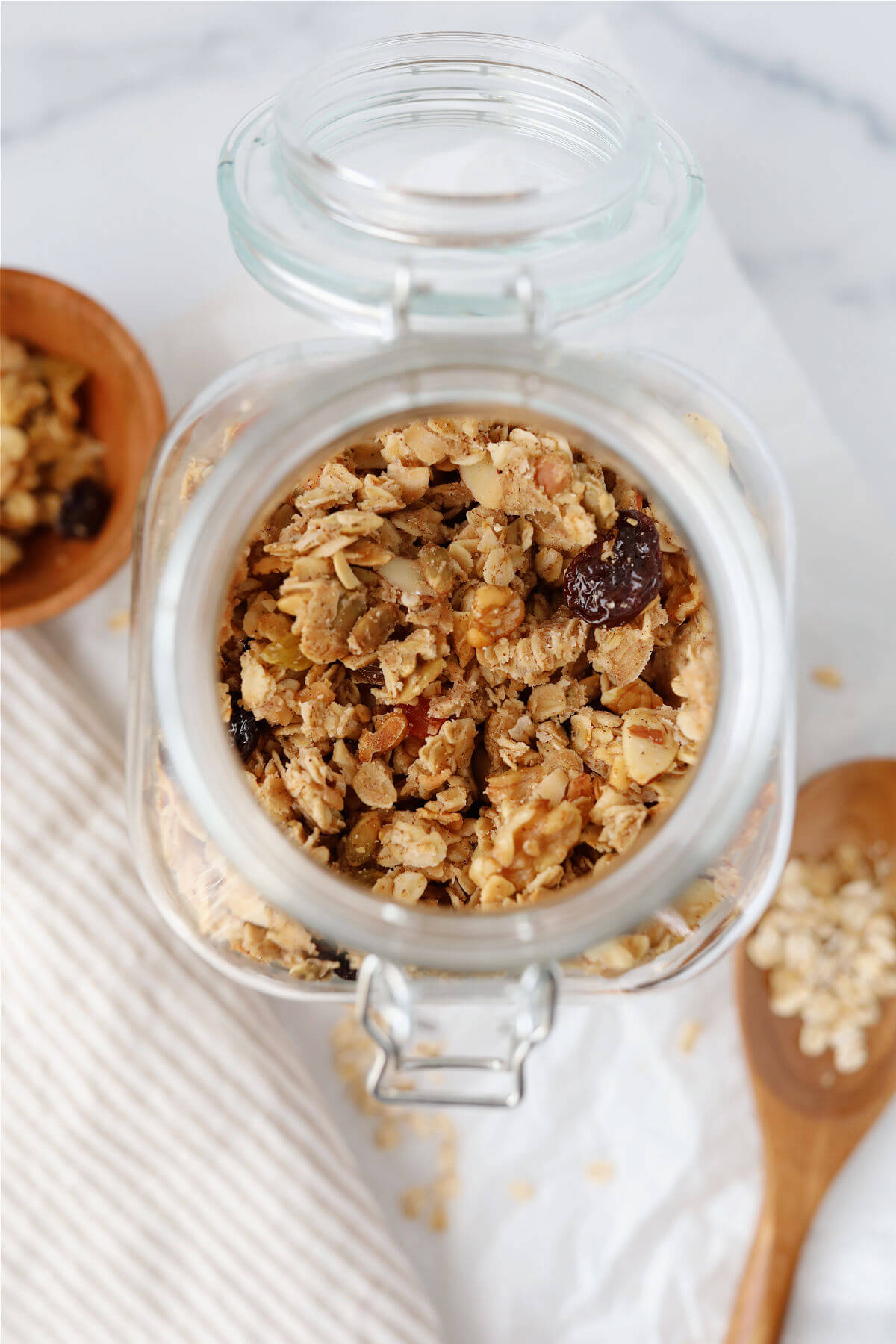 Sourdough granola in a glass jar.