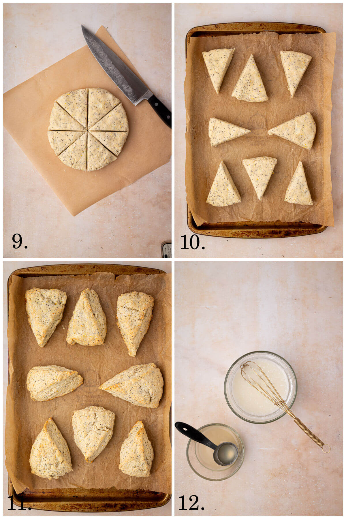 Four photos showing recipe steps for sourdough lemon poppy seed scones steps 9-10.