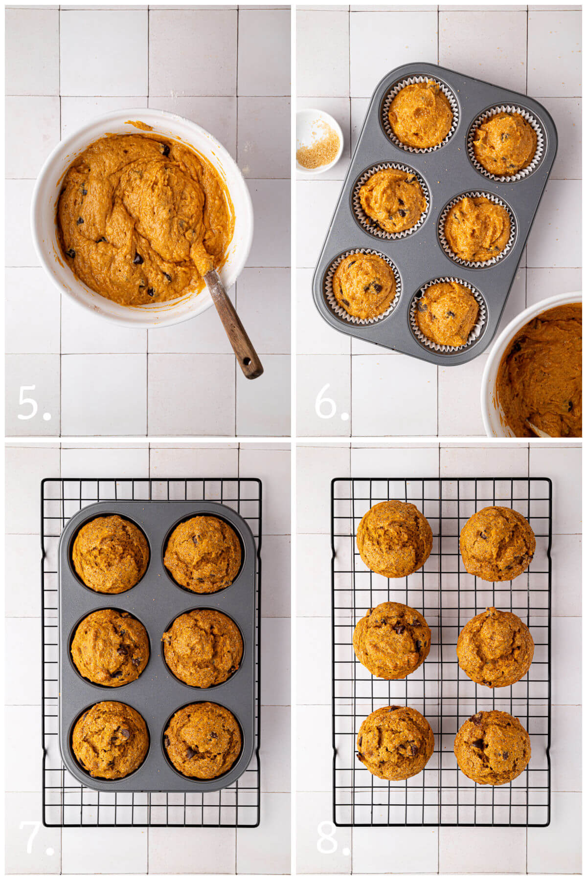 Collage of four photos showing steps 5-8 of how to make sourdough pumpkin chocolate chip muffins.