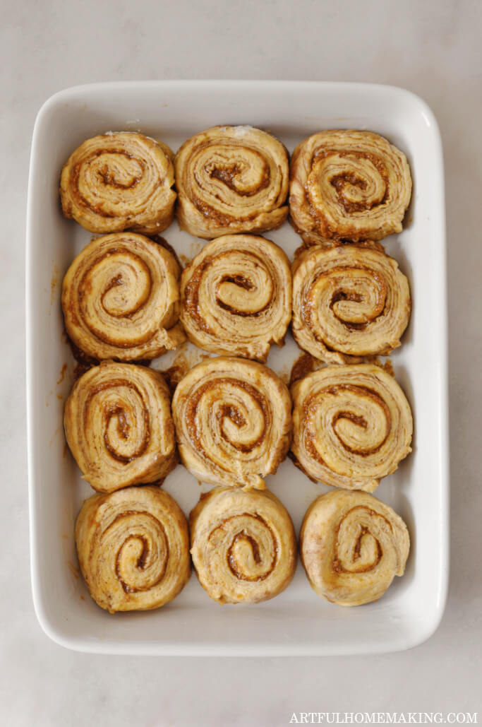 sourdough pumpkin cinnamon rolls in prepared baking dish