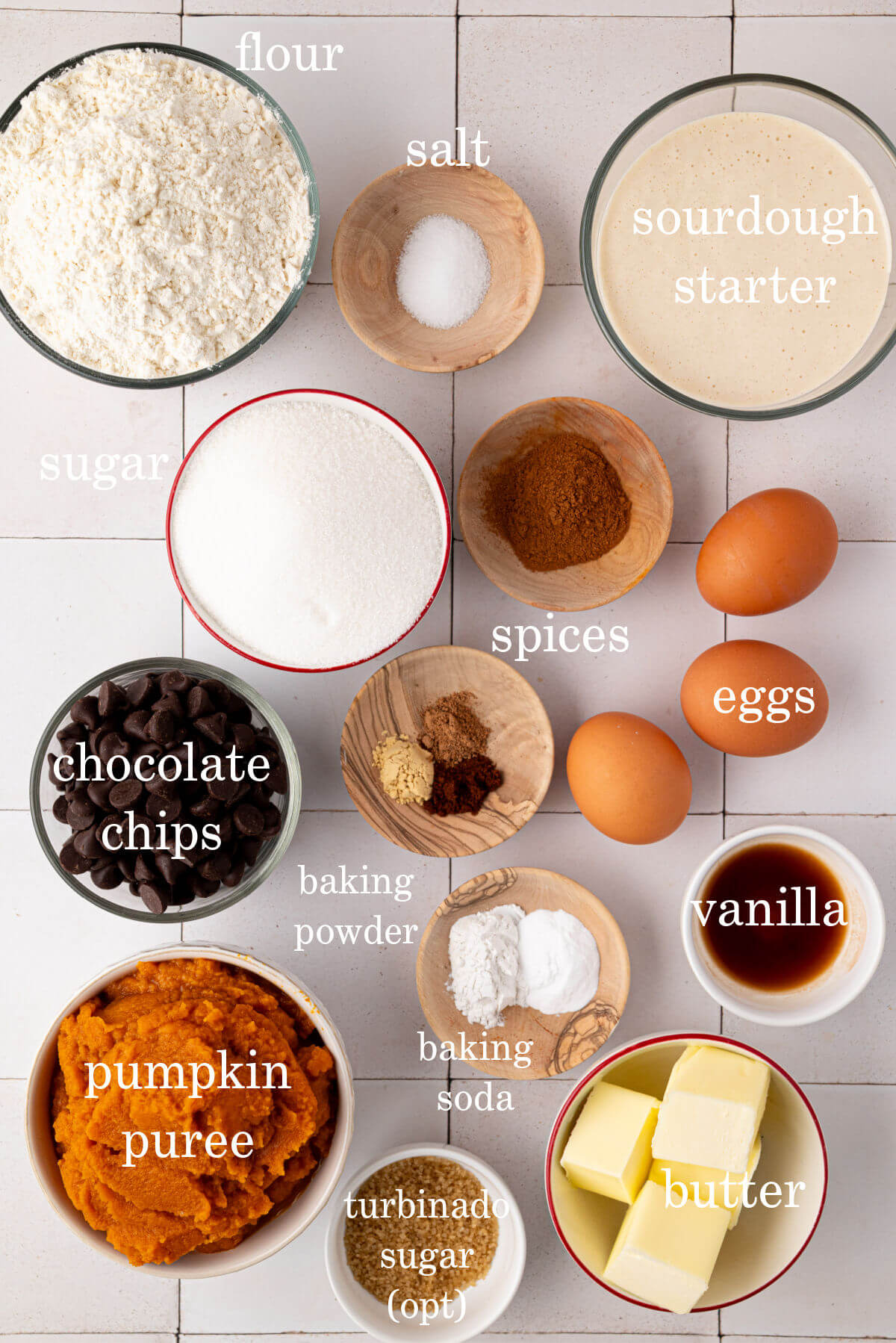 Ingredients in small bowls with text overlay labeling each ingredient.