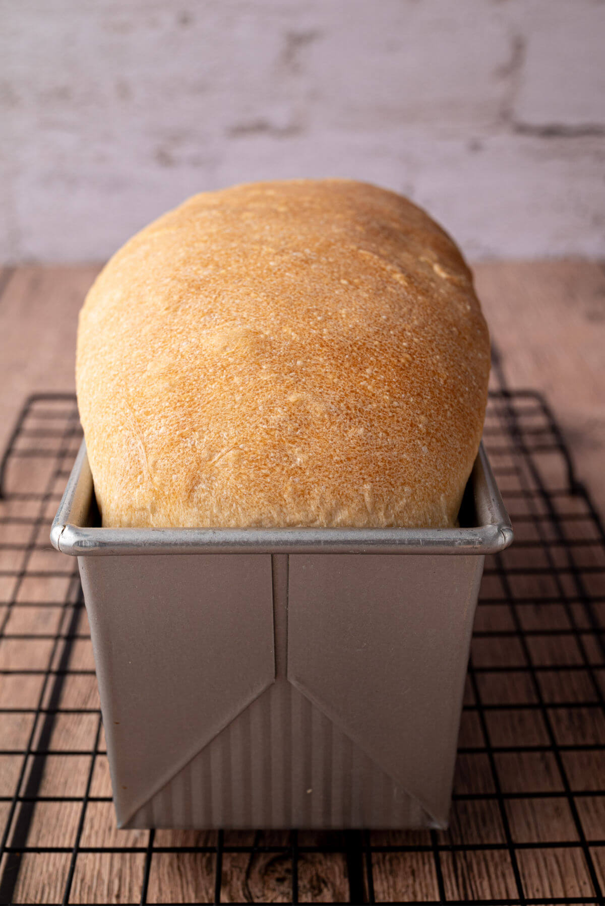 Sourdough sandwich bread in loaf pan cooling on a wire rack.