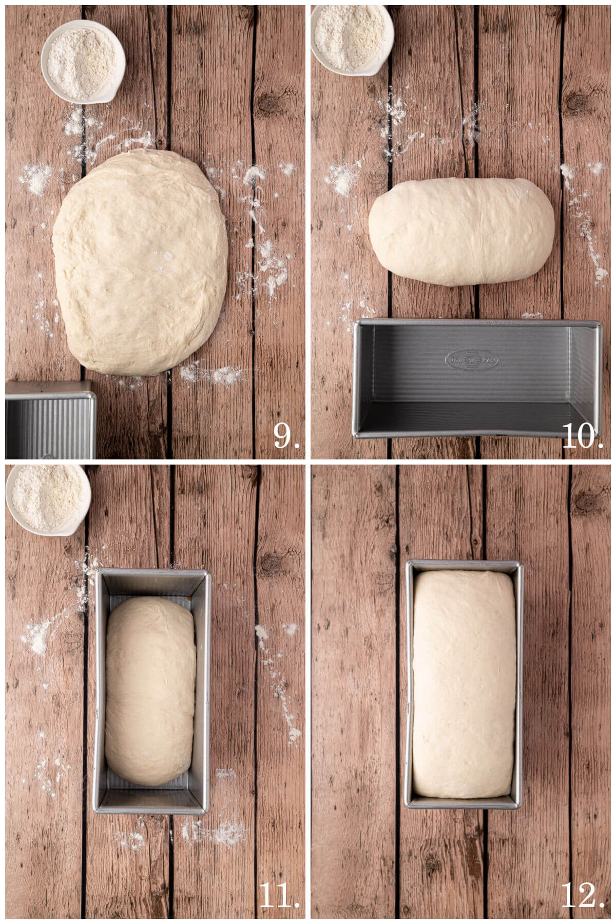 Numbered collage of four photos showing steps 9-12 for sourdough sandwich bread.