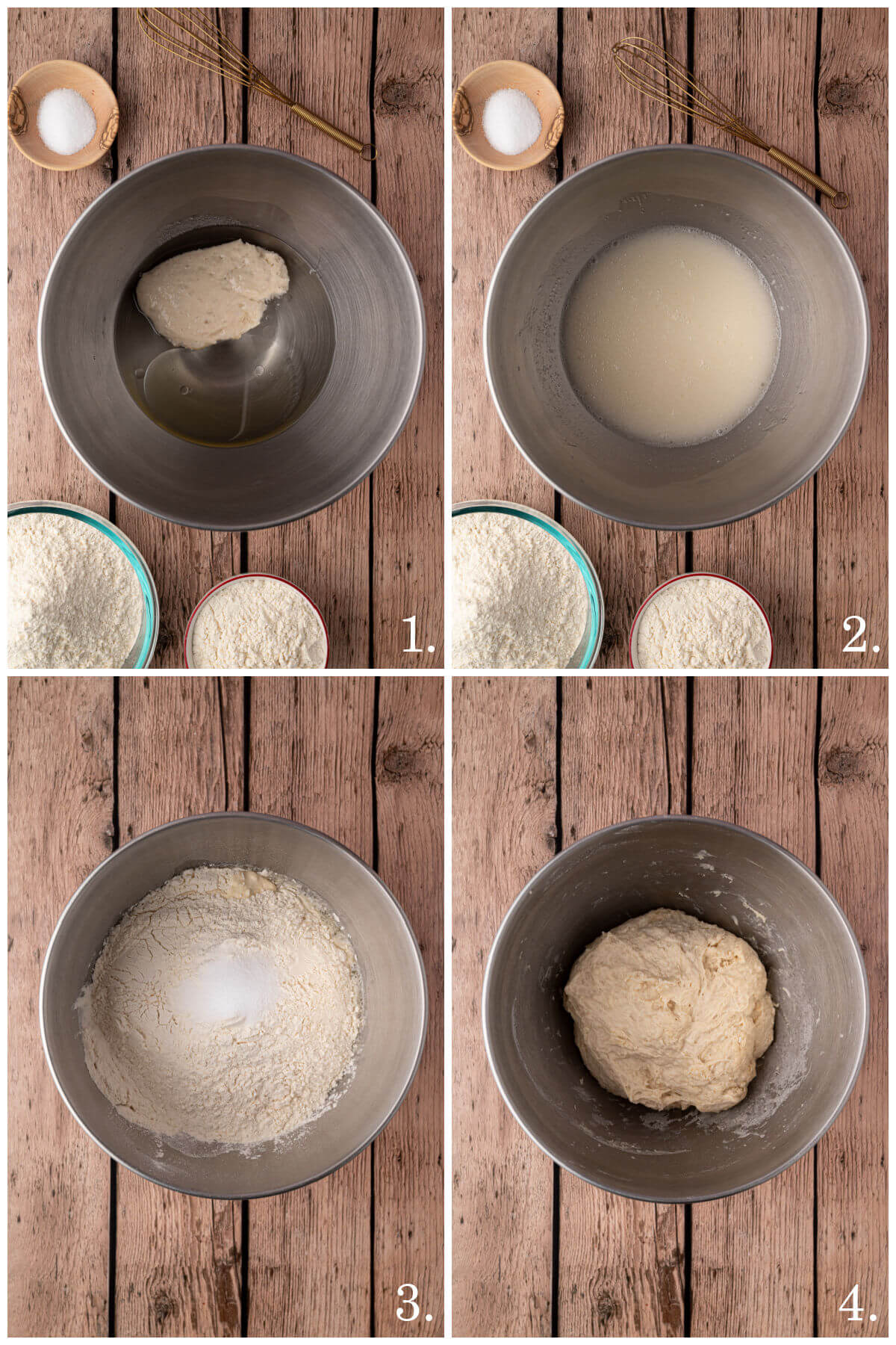 Collage of four numbered photos showing steps 1-4 for sourdough sandwich bread.
