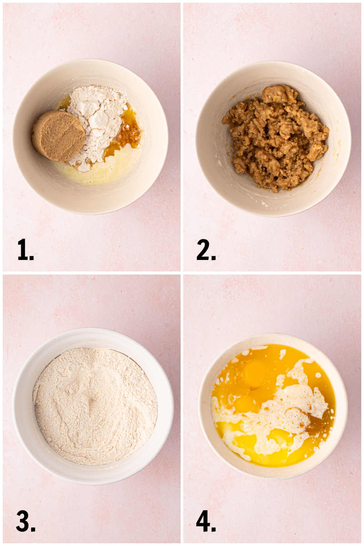 Collage of four photos showing steps 1-4 for how to make sourdough strawberry muffins.