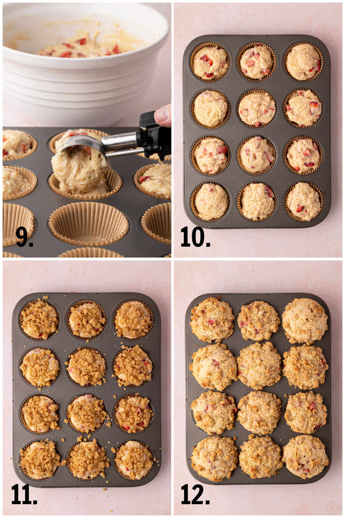 Collage of four photos showing steps 9-12 for how to make sourdough strawberry muffins.