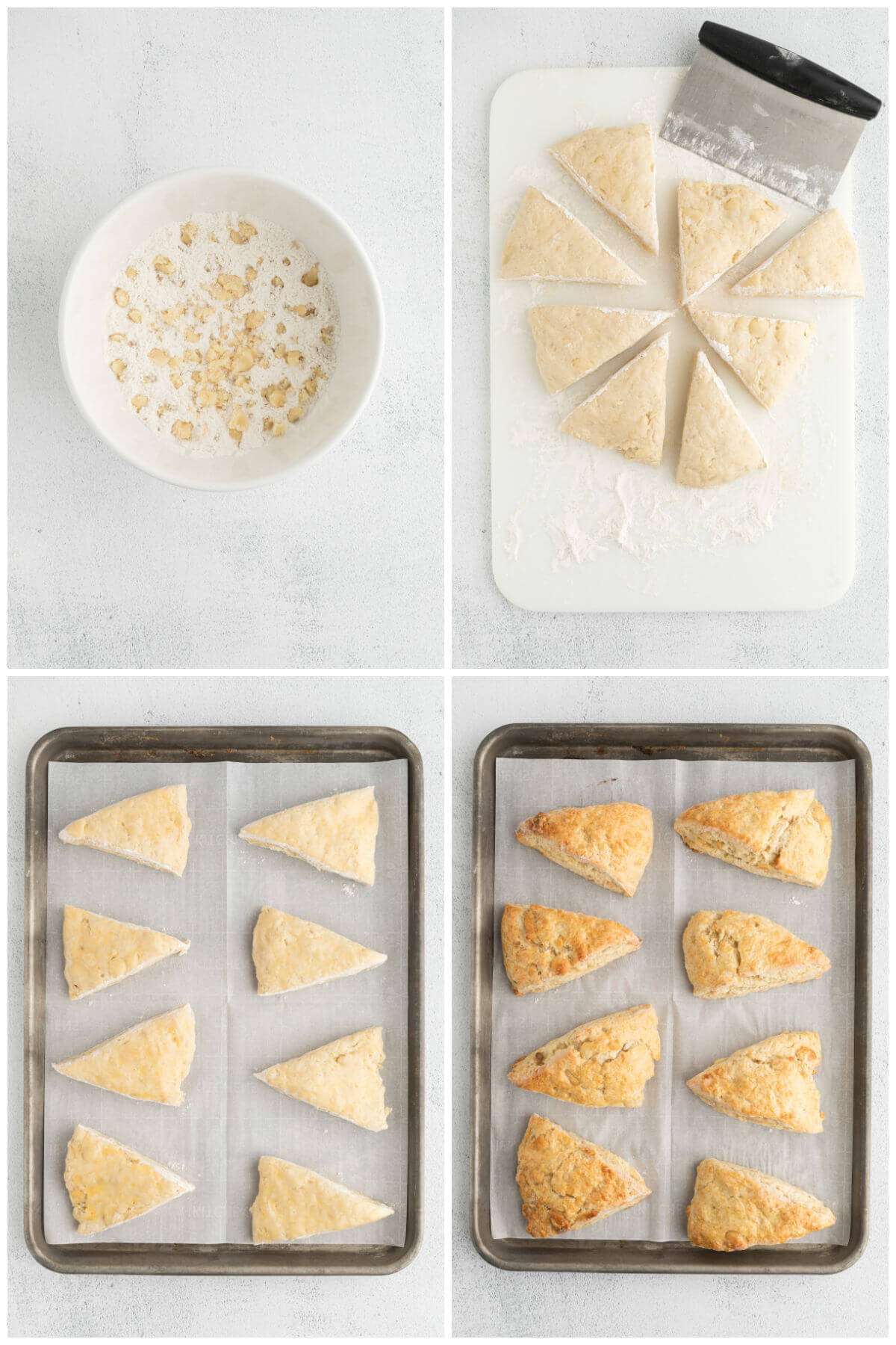 top down steps for making sourdough vanilla almond scones
