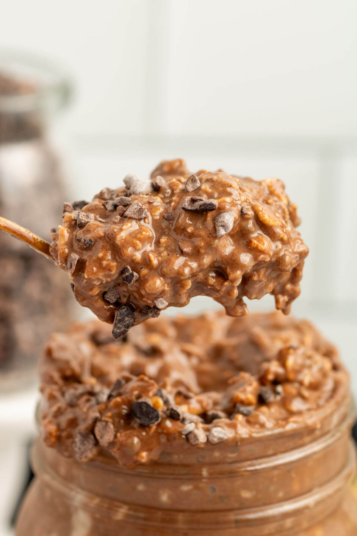 a large spoonful of overnight chocolate oats