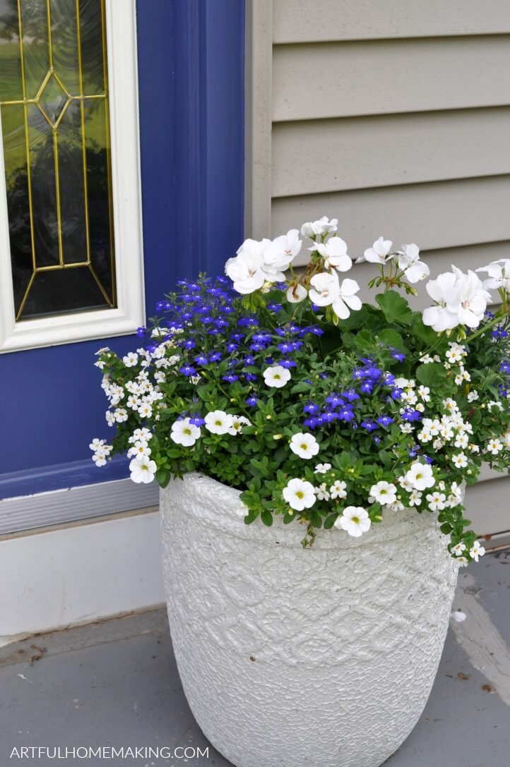 blue and white front porch planter