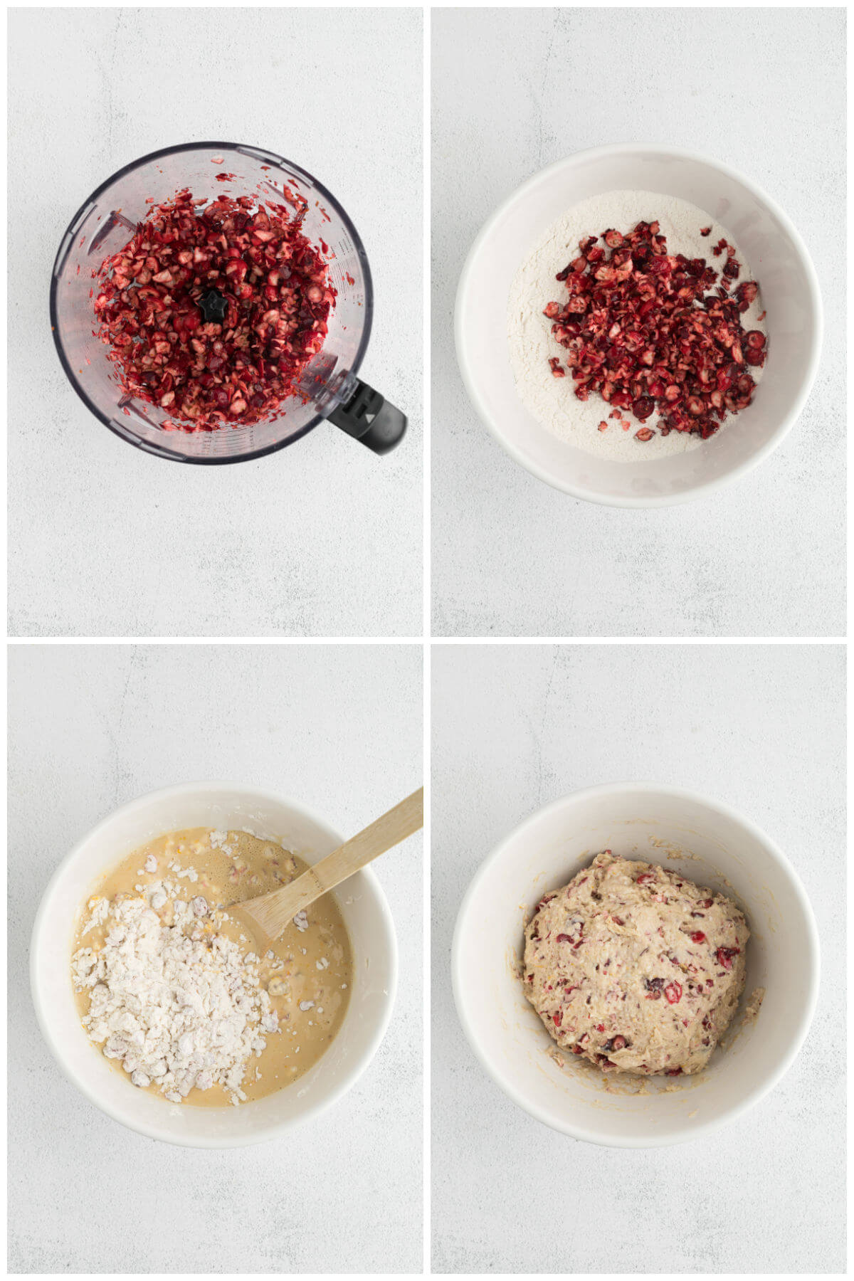 top down view of chopping cranberries and mixing scone dough