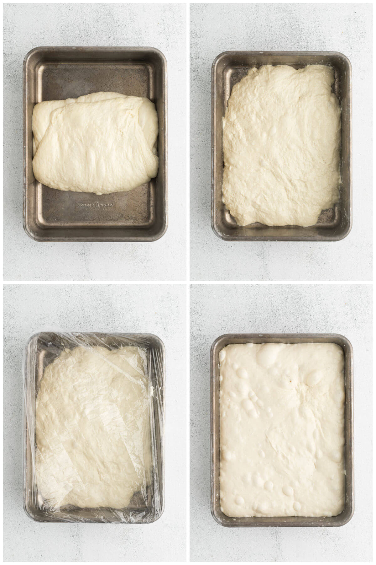 top down view showing sourdough focaccia dough in baking pan