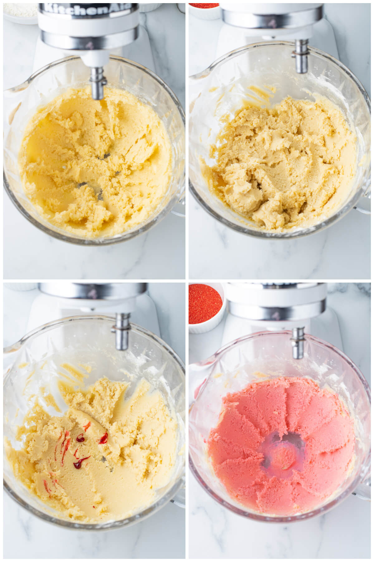 four photos showing steps for recipe with dough being mixed in stand mixer bowl