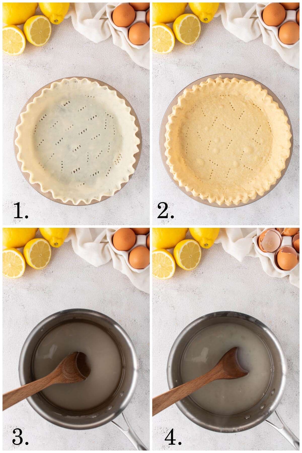 Collage of four photos showing steps 1-4 for how to make lemon meringue pie.
