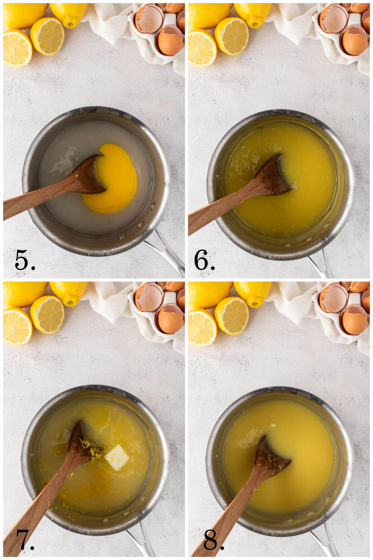 Collage of four photos showing steps 5-8 for how to make lemon meringue pie.