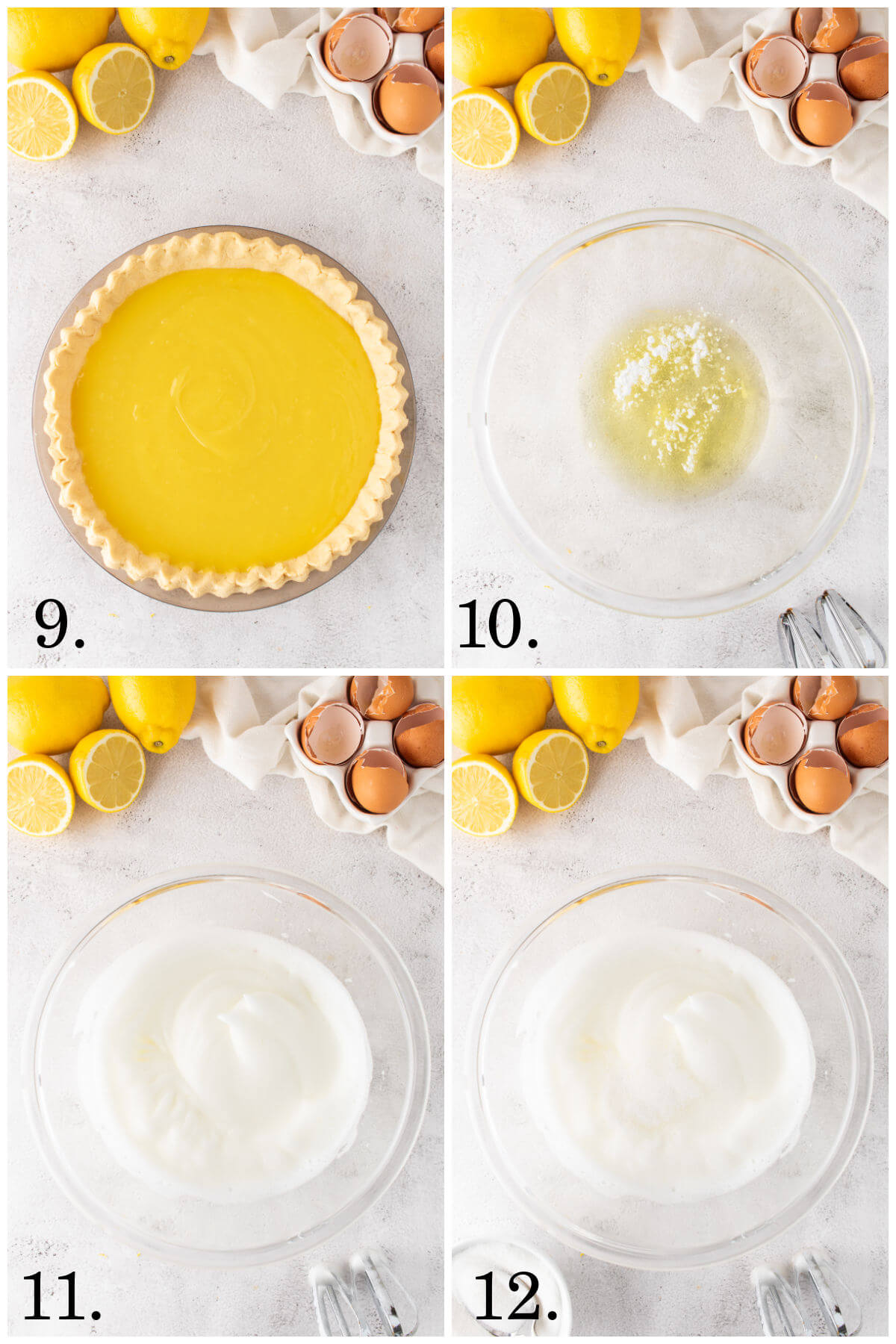 Collage of four photos showing steps 9-12 for how to make lemon meringue pie.