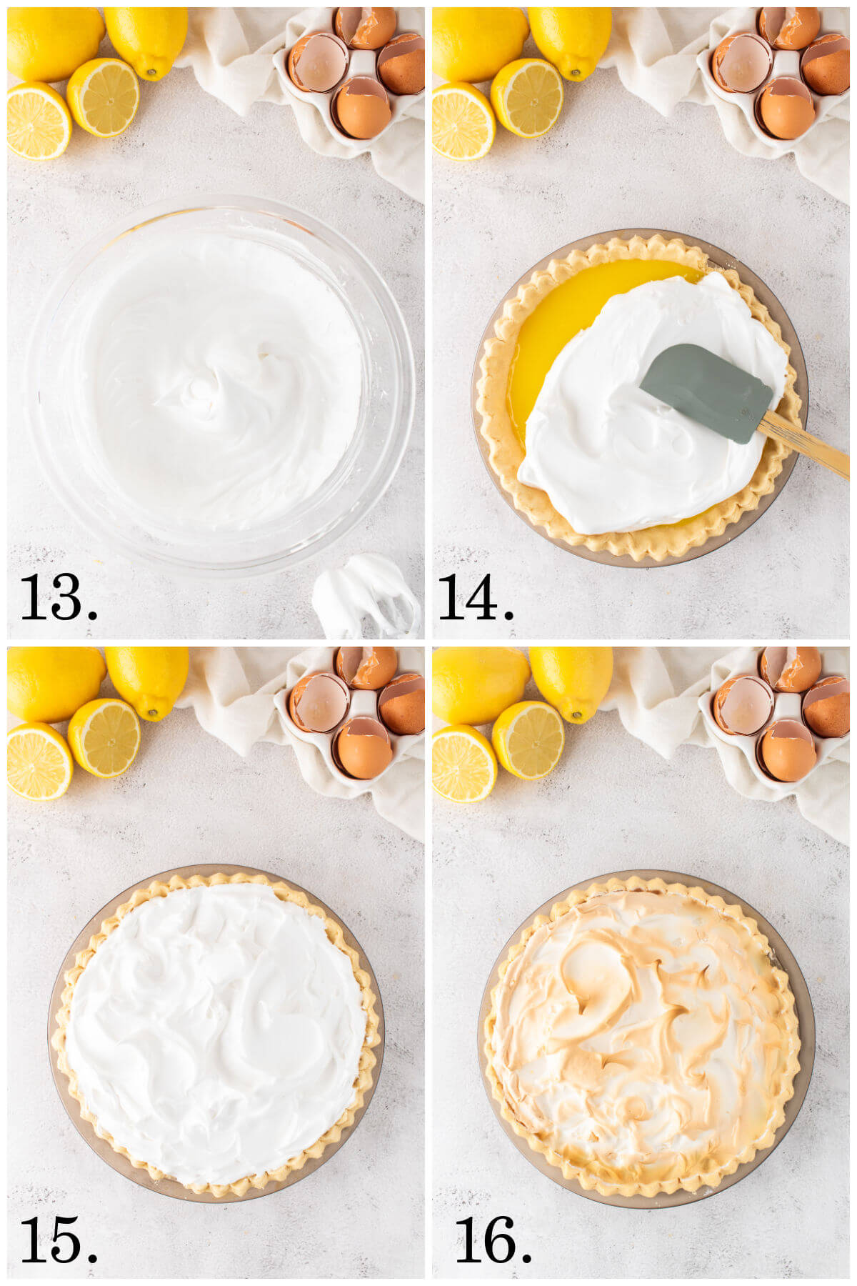 Collage of four photos showing steps 13-16 for how to make lemon meringue pie.