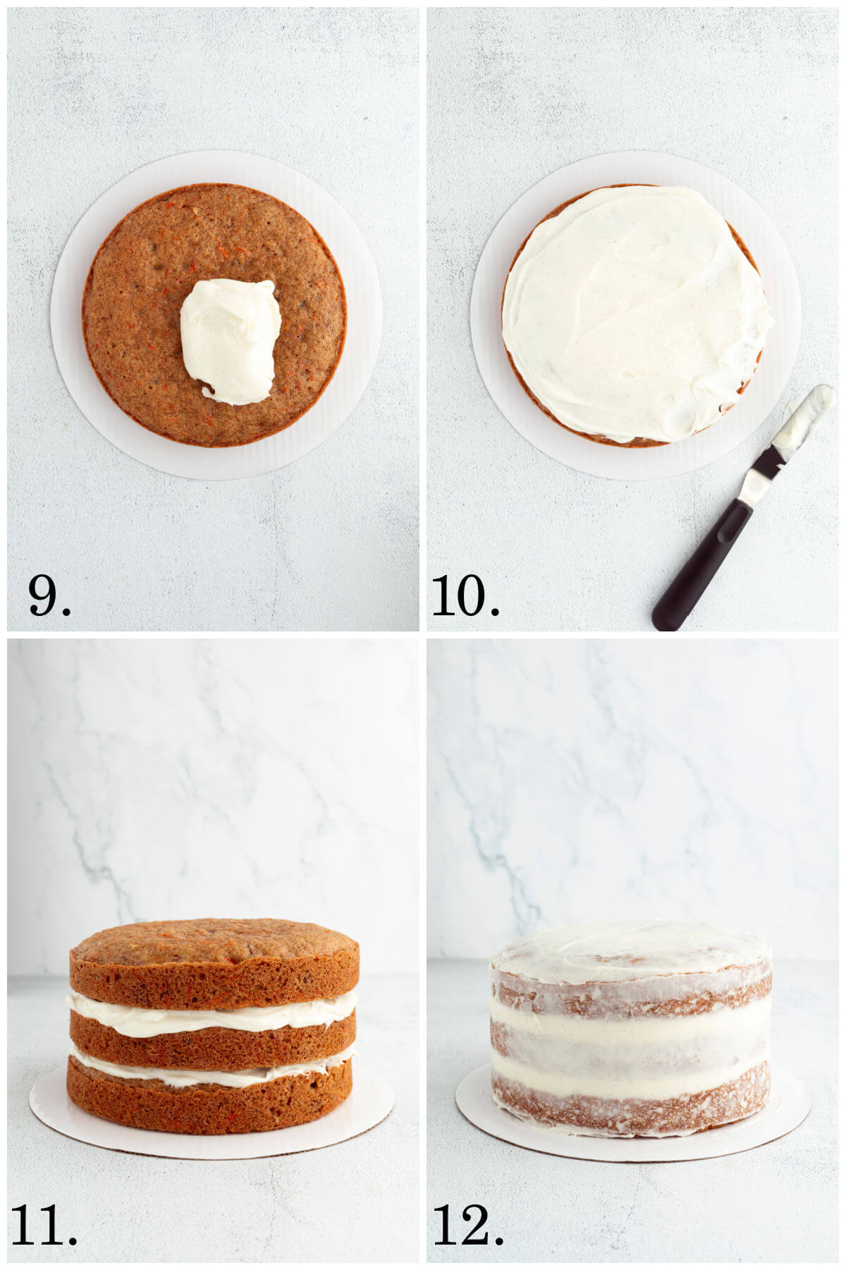 Four photos showing steps 9-12 of frosting sourdough carrot cake recipe.