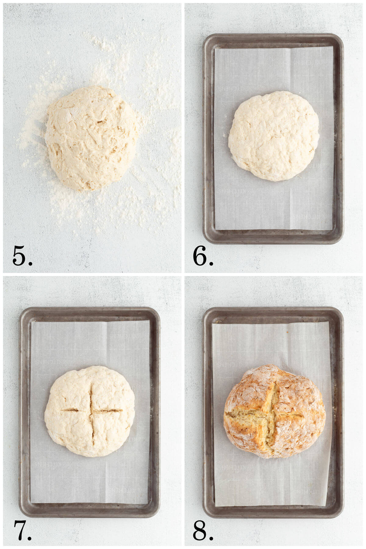 Four numbered photos showing steps 5 through 8 for making Irish soda bread.