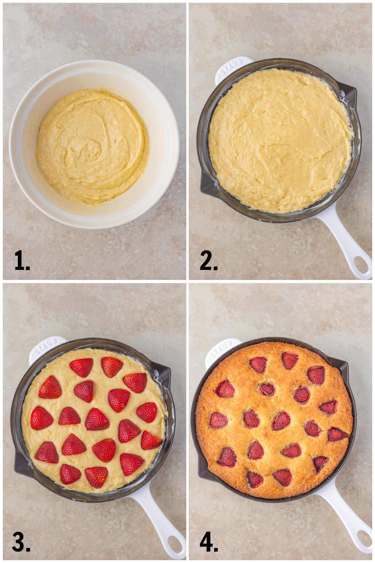 Collage of four photos showing steps 1-4 for how to make sourdough strawberry cake.
