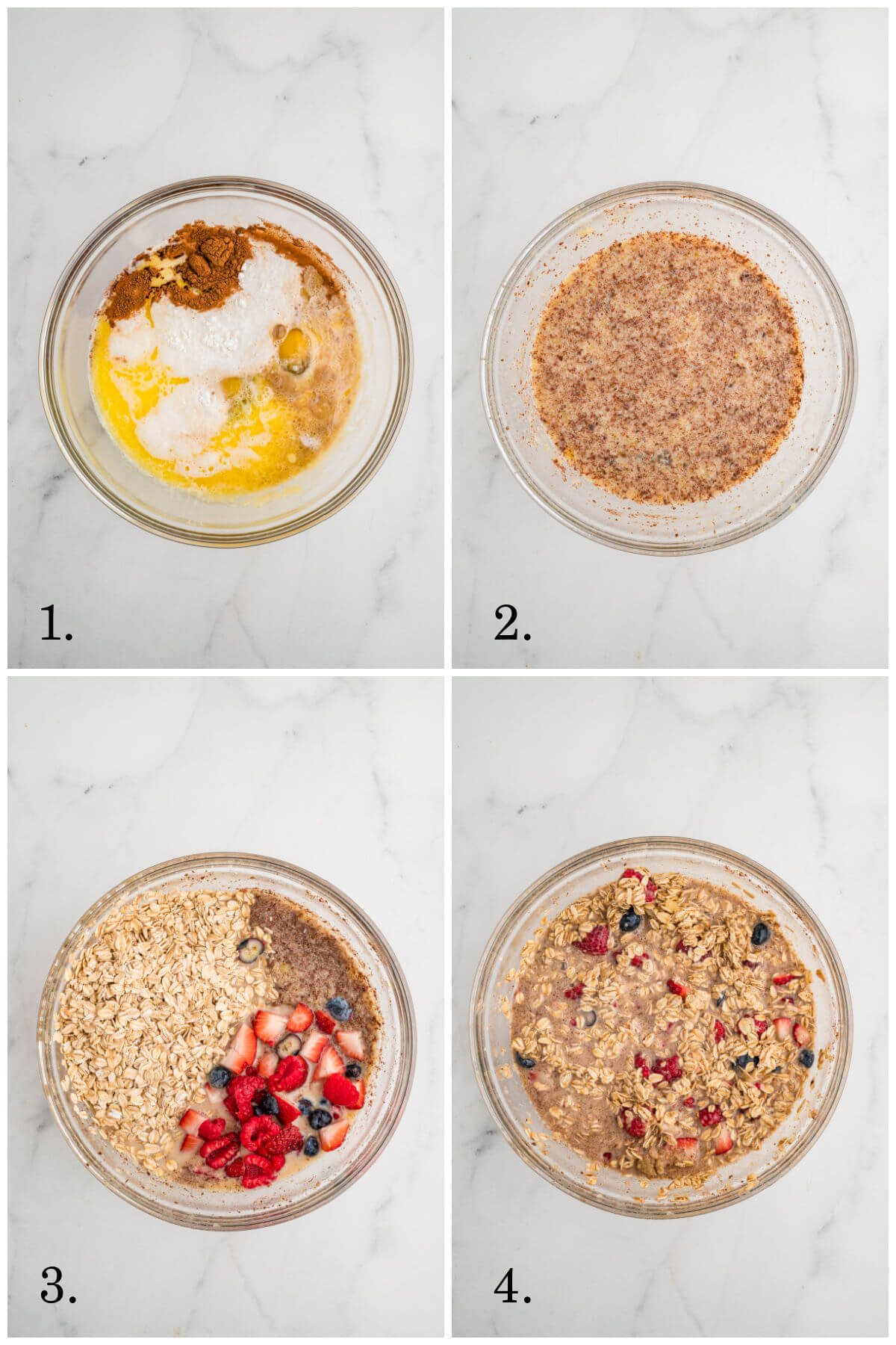 Collage of four photos showing steps for how to make baked oatmeal.