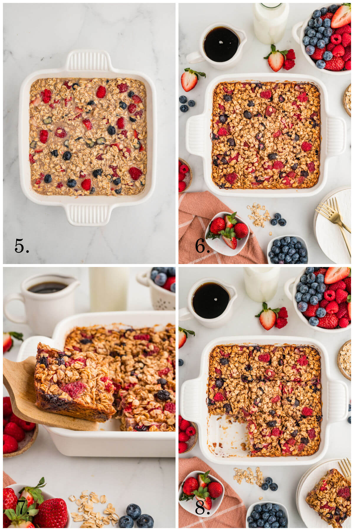 Collage of four photos showing final steps for making and serving baked oatmeal.