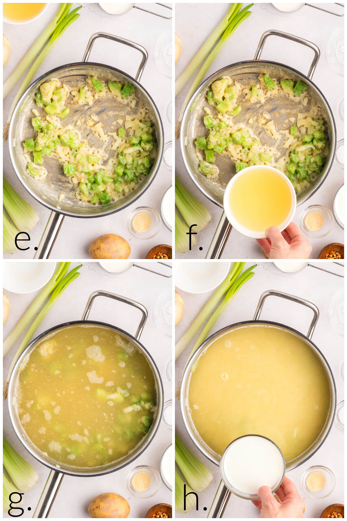 top down view of four photos showing steps for making soup