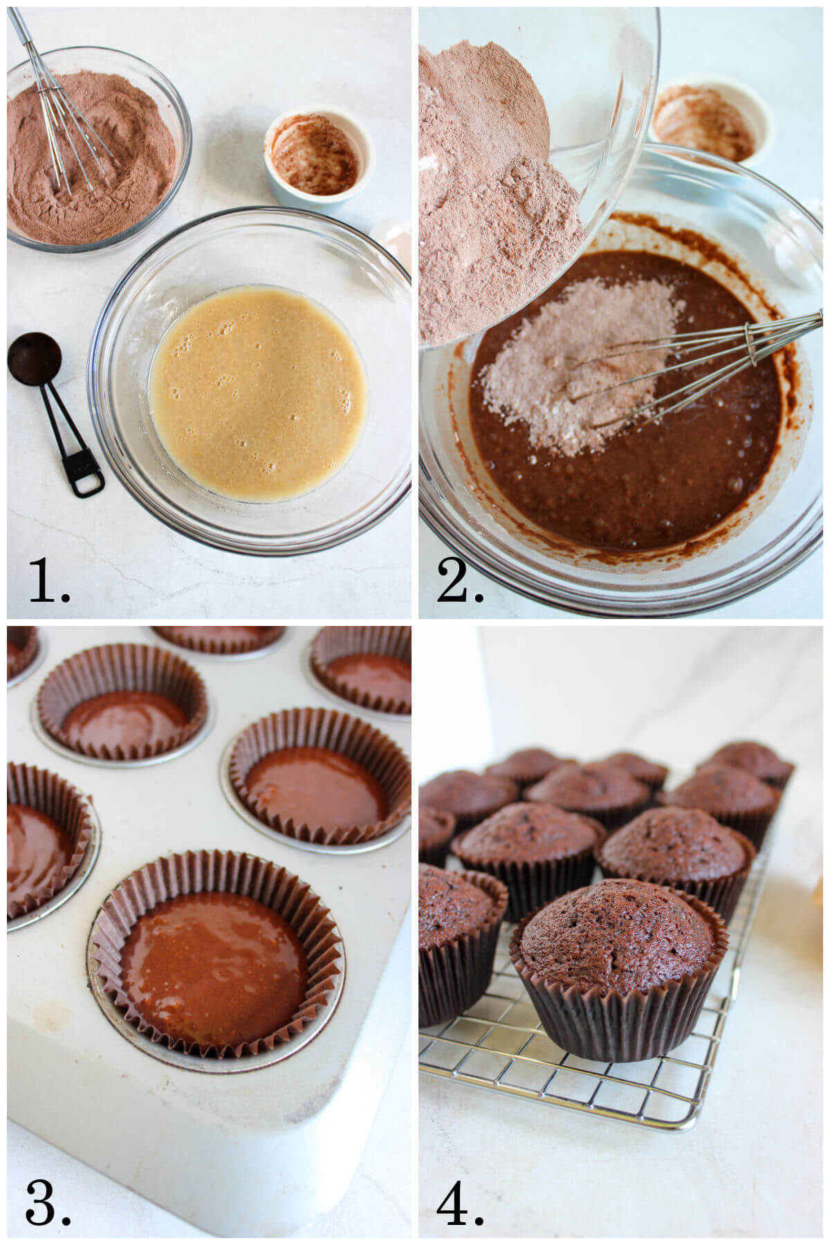 photo collage with 4 photos showing steps for making chocolate coffee cupcakes.