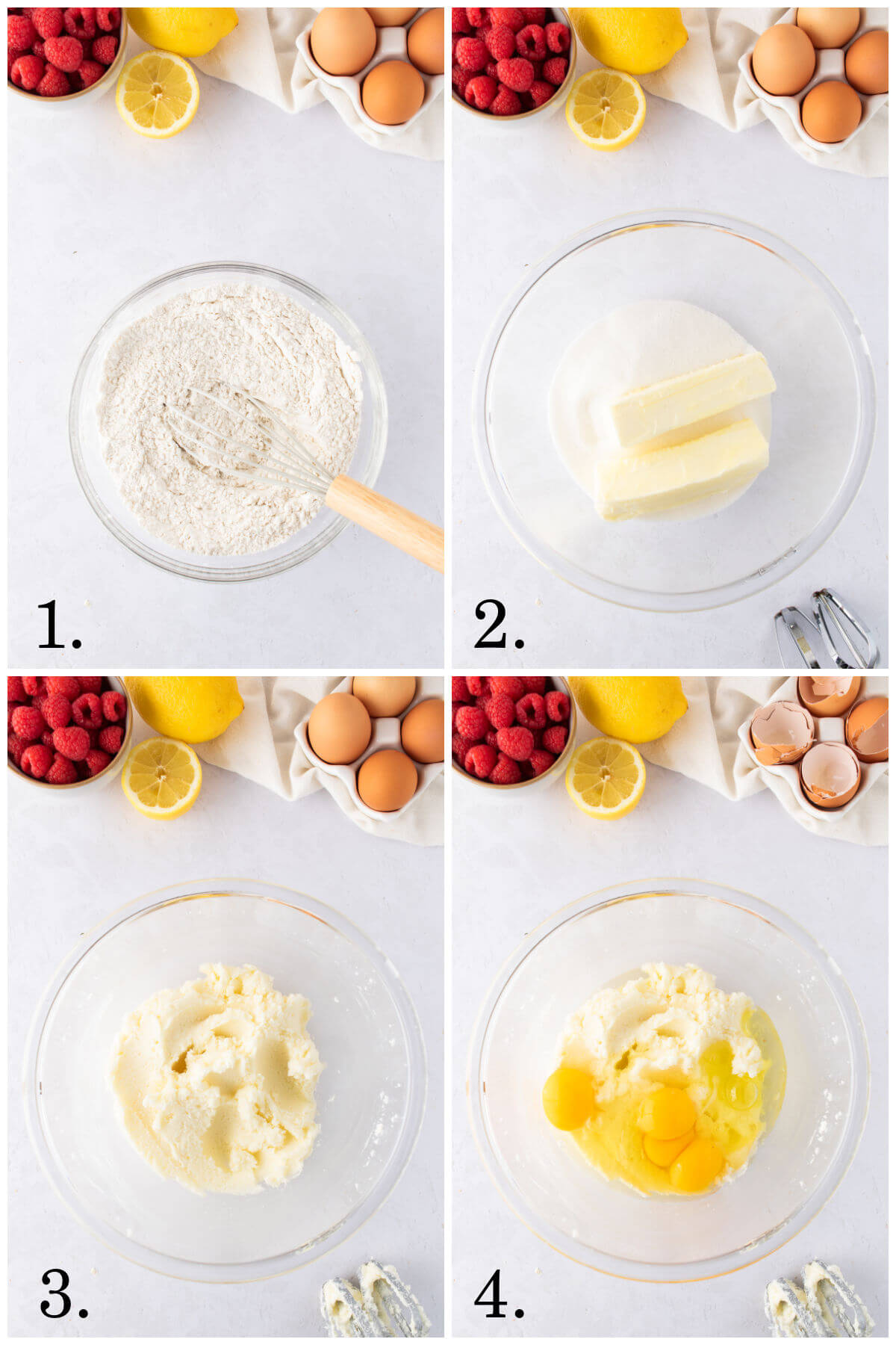 Collage of four photos showing steps 1-4 for how to make lemon raspberry bundt cake.