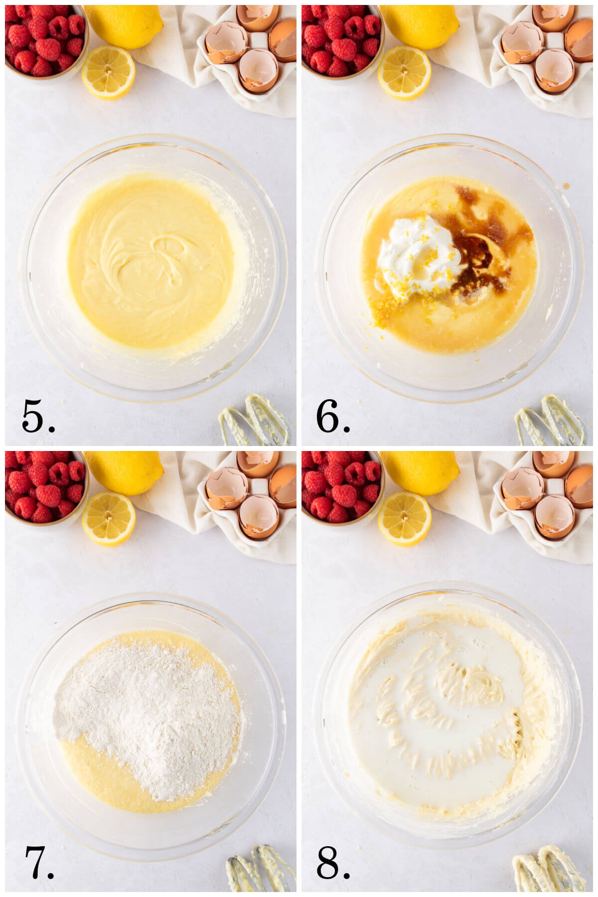 Collage of four photos showing steps 5-8 for how to make lemon raspberry bundt cake.