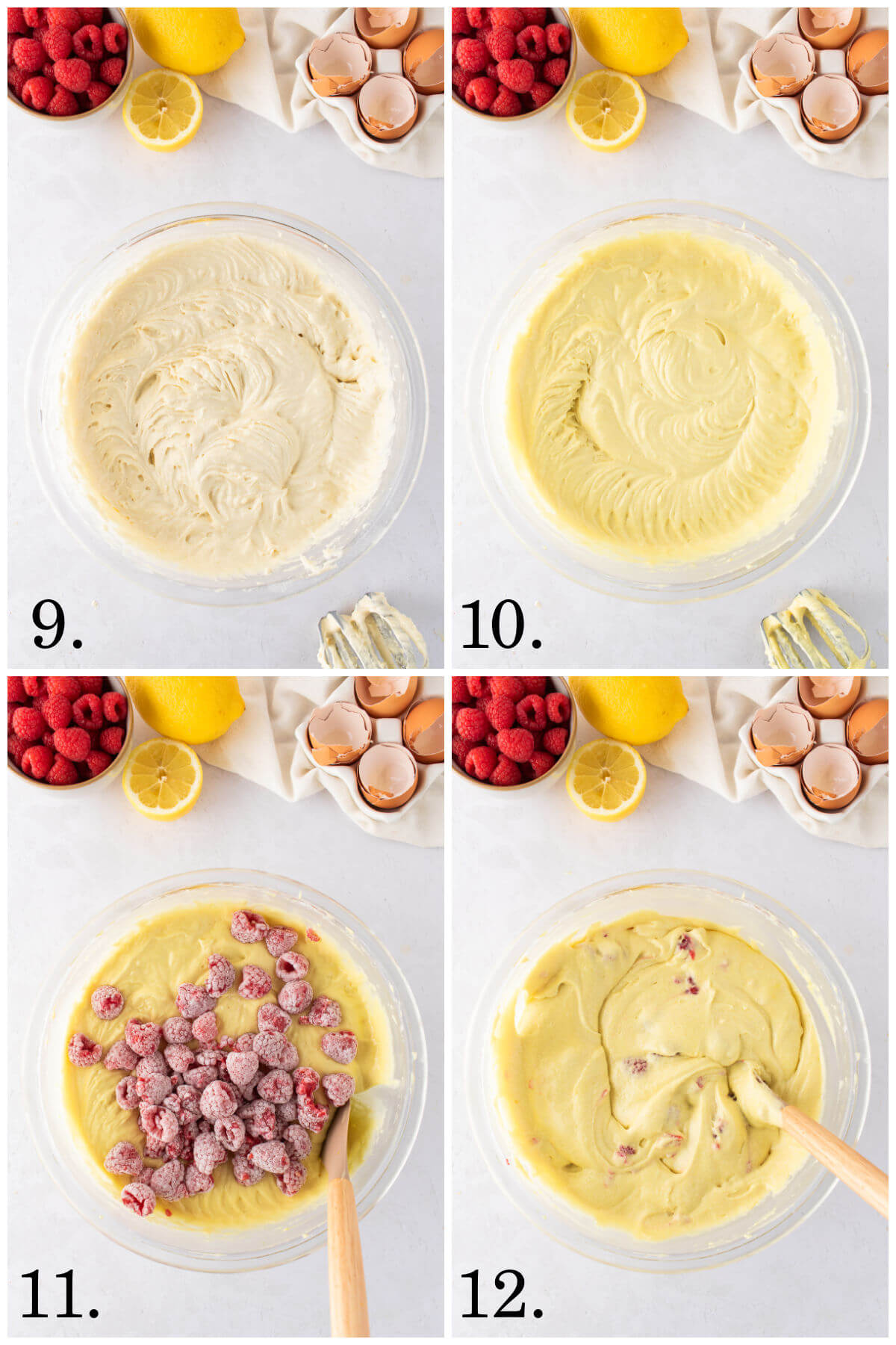Collage of four photos showing steps 9-12 for how to make lemon raspberry bundt cake.