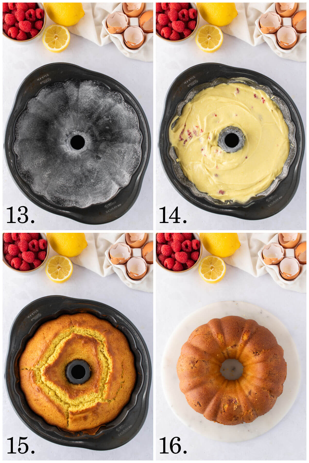 Collage of four photos showing steps 13-16 for how to make lemon raspberry bundt cake.