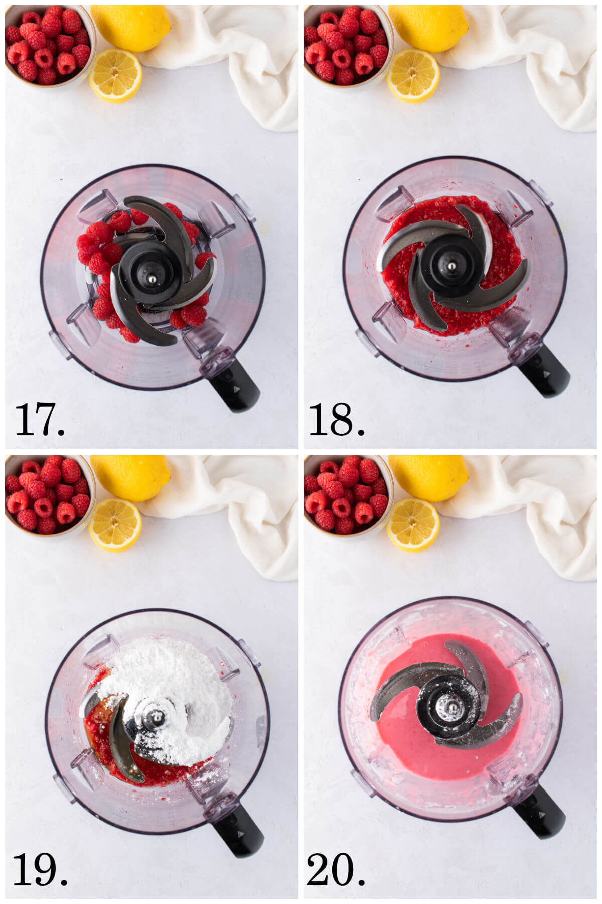 Collage of four photos showing steps 17-20 for how to make lemon raspberry bundt cake.