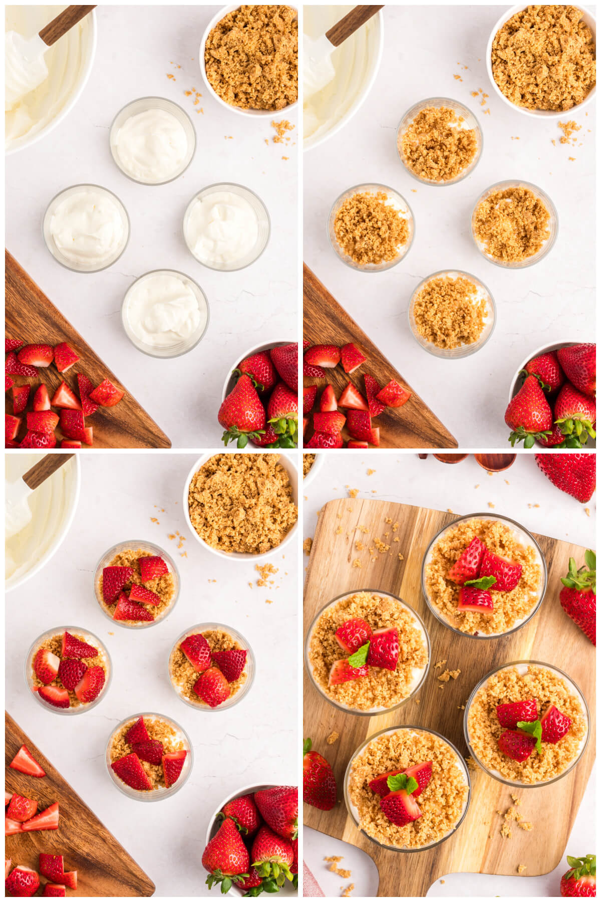 four photos showing steps for making no bake strawberry cheesecake cups