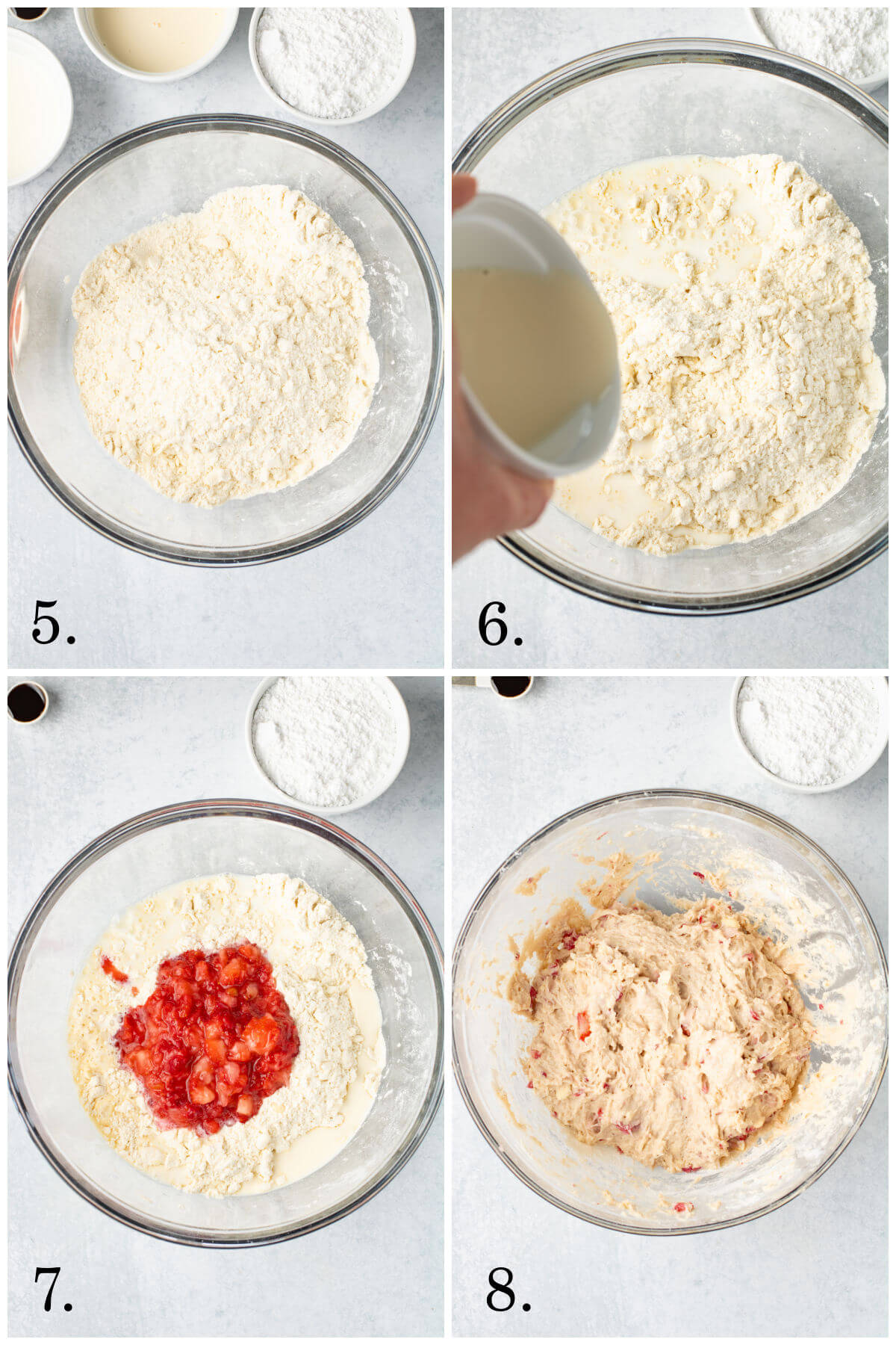 Collage of four photos showing how to make steps 5-8 for strawberry scones.