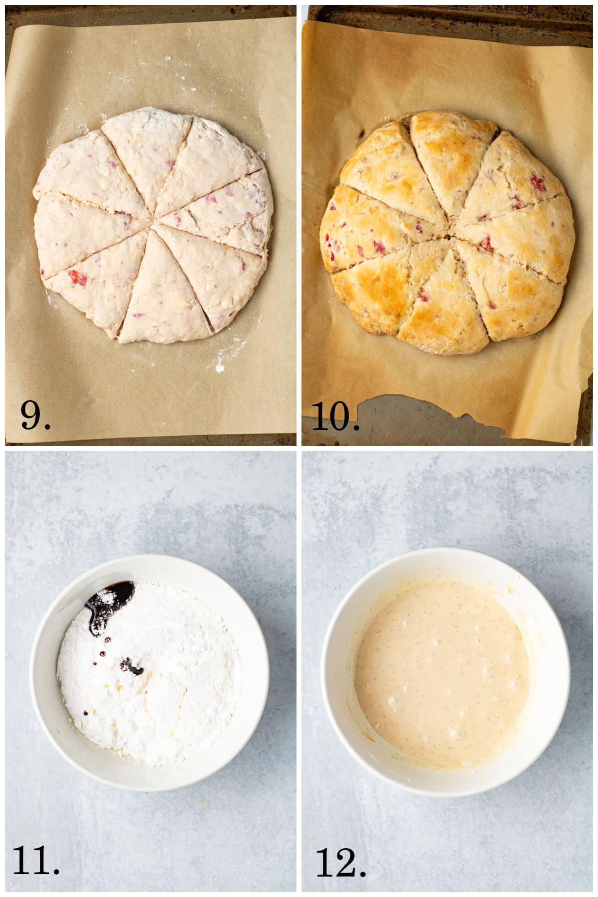 Photo collage of four photos showing steps 9-12 for how to make strawberry scones.