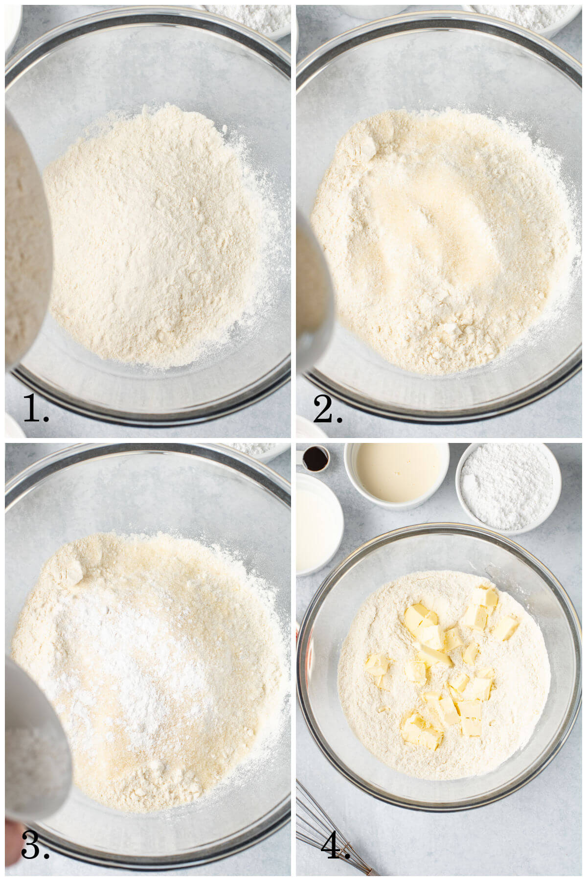 Collage of 4 photos showing steps 1-4 for how to make strawberry scones.